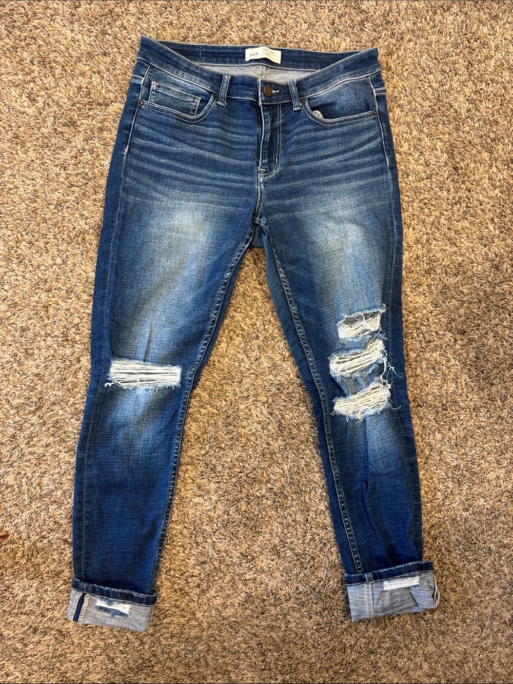 BKE Women's Dark Blue Distressed Boyfriend Jeans